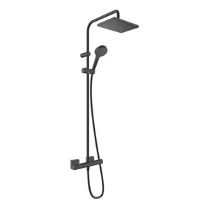 Dušas sistēma VERNIS SHAPE, ar termostatu, aug. galvu 230x170mm un rokas dušu, black matt, HANSGROHE